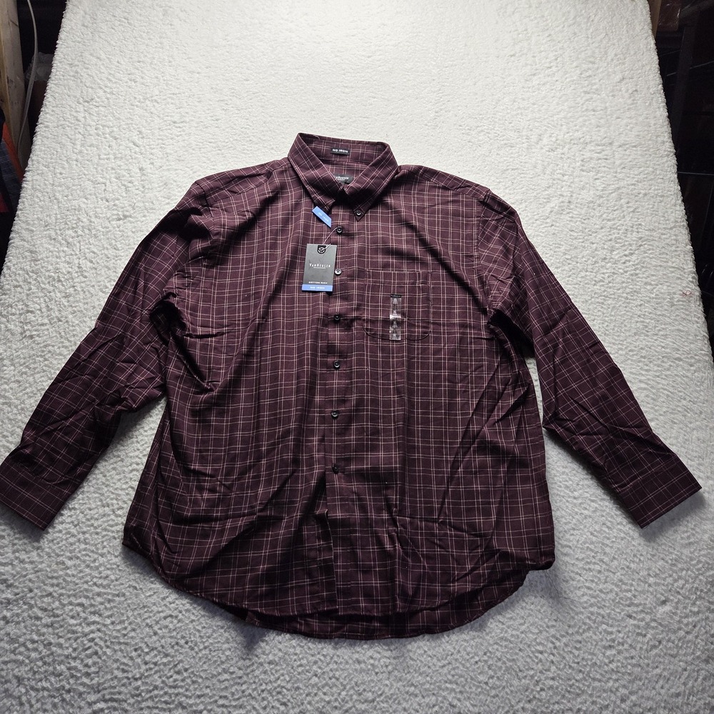 Van Heusen Dress Shirt Mens XL 17.5 Red Plaid Regular Fit No Iron Long Sleeve